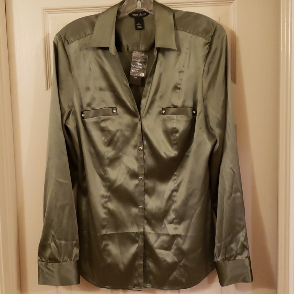 NWT WHBM olive/army green silk blouse.  Sz L